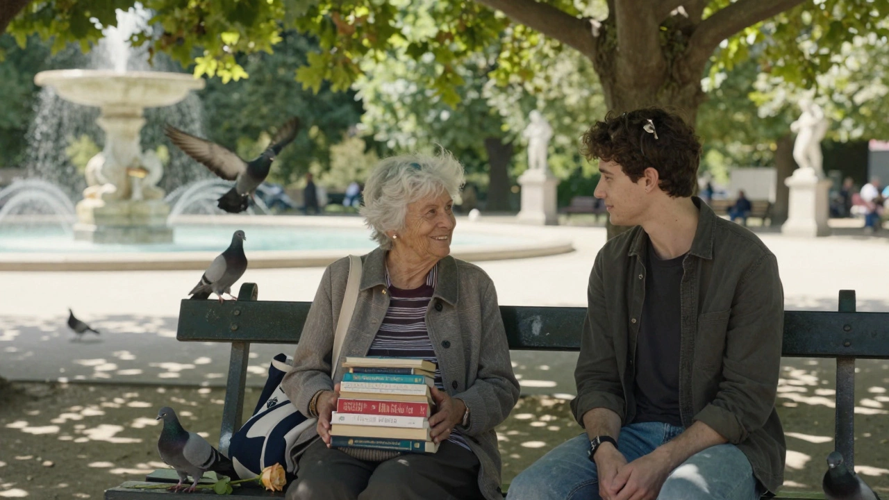 An elderly woman and a younger person share a peaceful moment on a park bench under plane trees near a fountain.