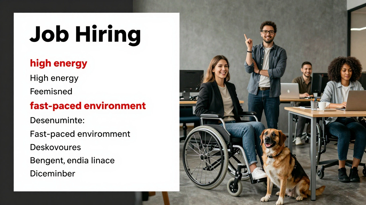 Contrasting job posting language with disabled professionals thriving in an accessible workplace.