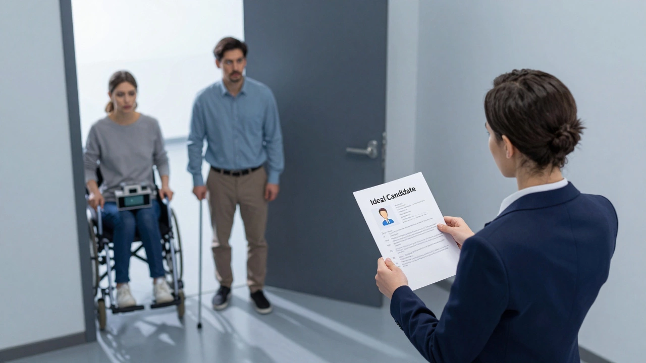 Hiring manager holding ideal candidate resume while disabled applicants wait outside the door.